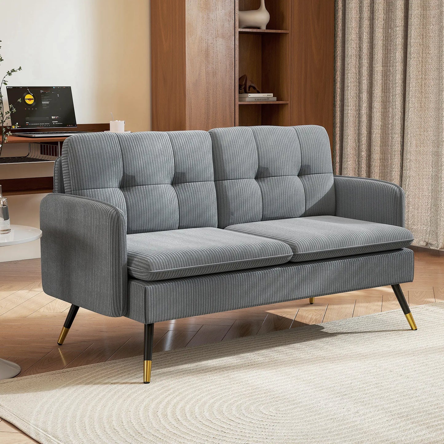 55" Loveseat Sofa, Corduroy, Steel Legs, Button Tufting, Dark Grey 2-Seater Sofas at Gallery Canada