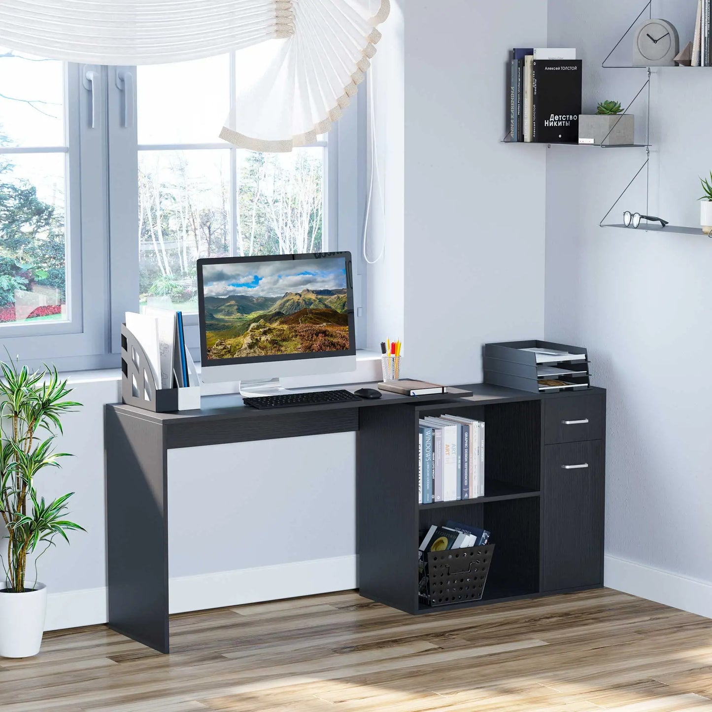 180° Rotating Corner Desk, Storage Shelf Cabinet, Black Writing Desks at Gallery Canada