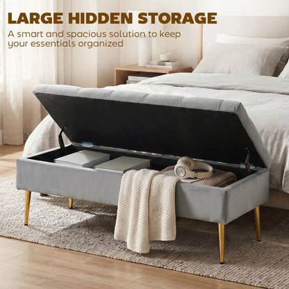 Upholstered Bedroom Bench with Gold Tone Metal Legs, Velvet Tufted and Thick Padding, Grey Storage Ottomans & Benches at Gallery Canada