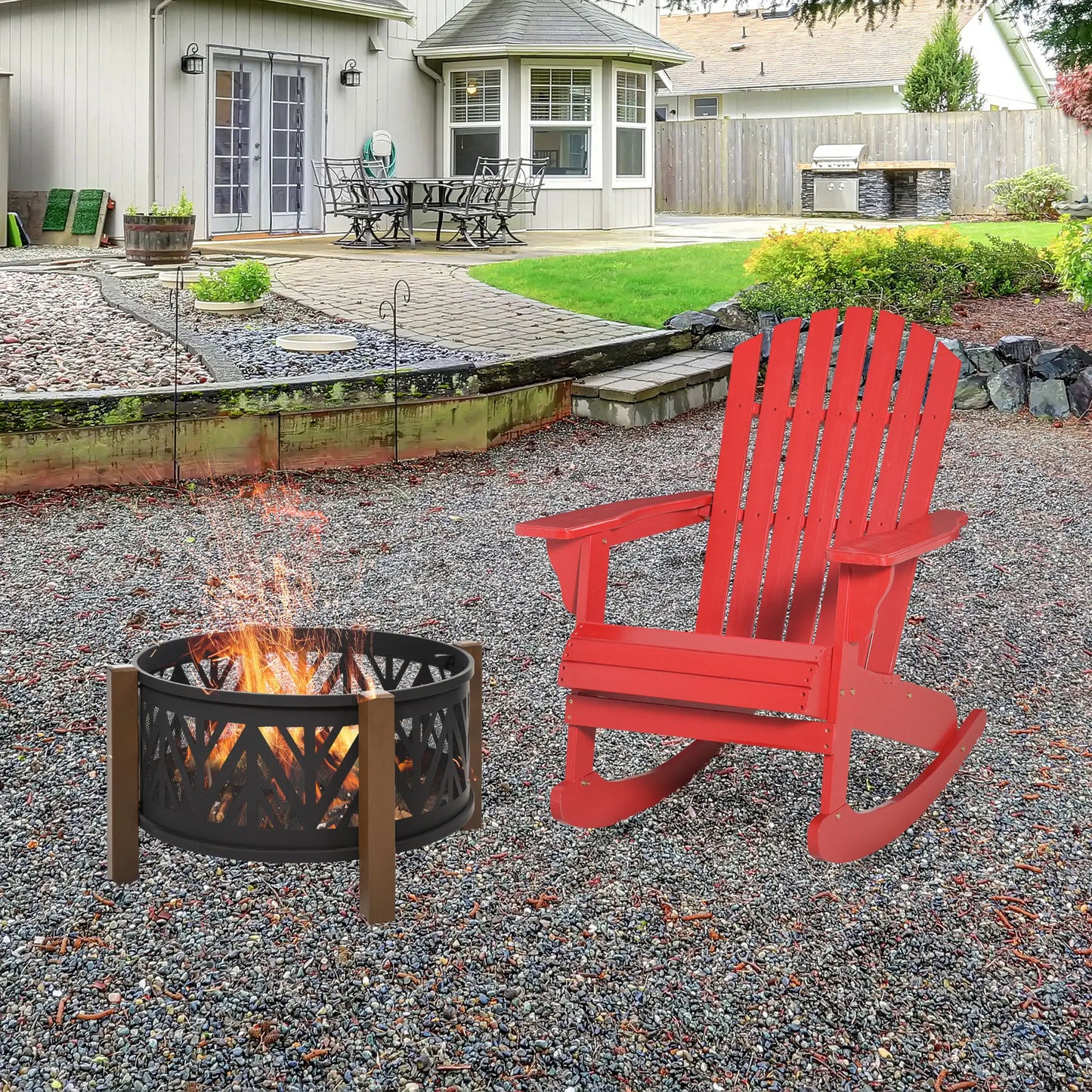 Wooden Adirondack Rocking Chair, Slatted Design, Fanned Back, Rustic, Red Outdoor Rocking Chairs at Gallery Canada