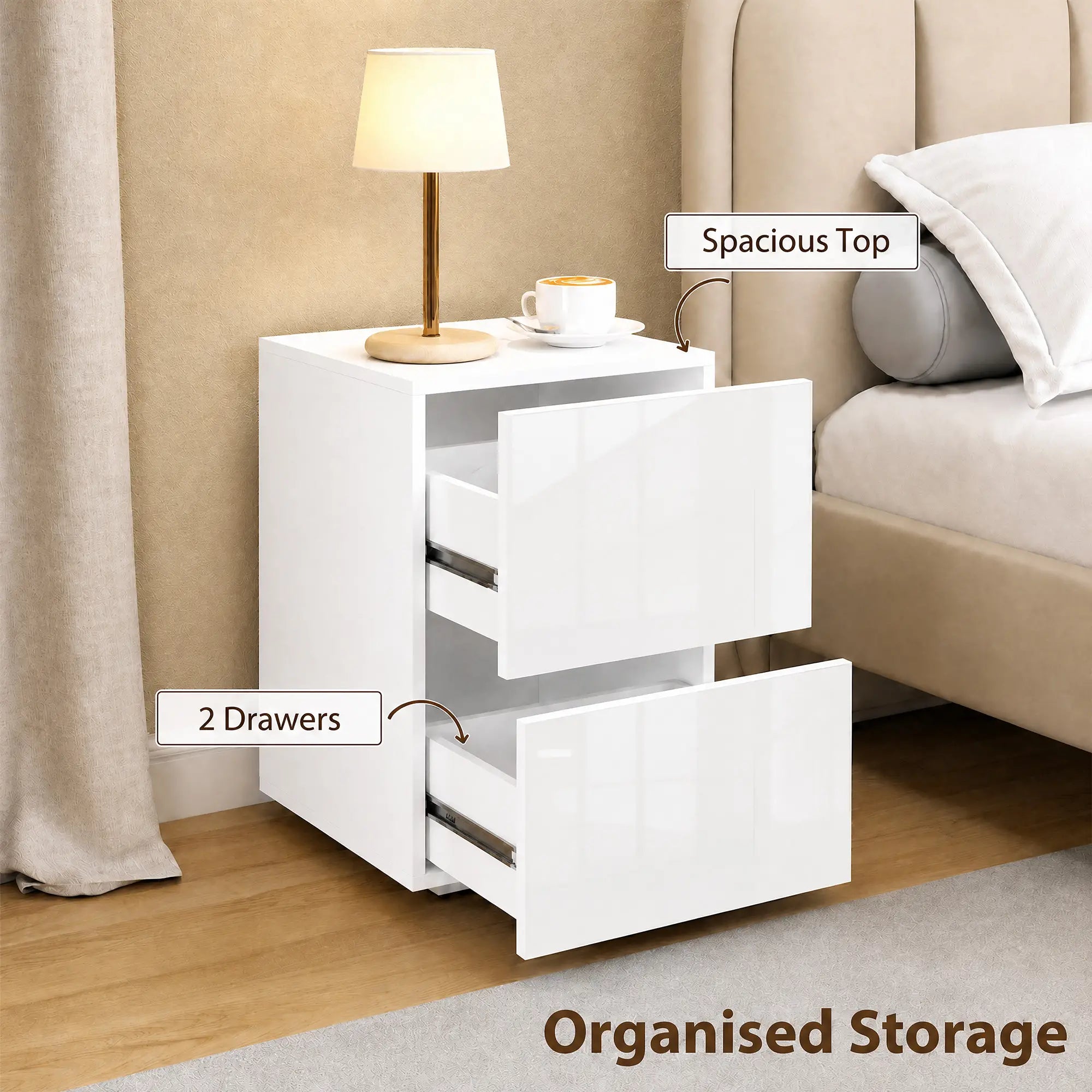 Modern Nightstand Set of 2, Narrow Bedside Table with 2 Drawers, White Bedside Tables at Gallery Canada