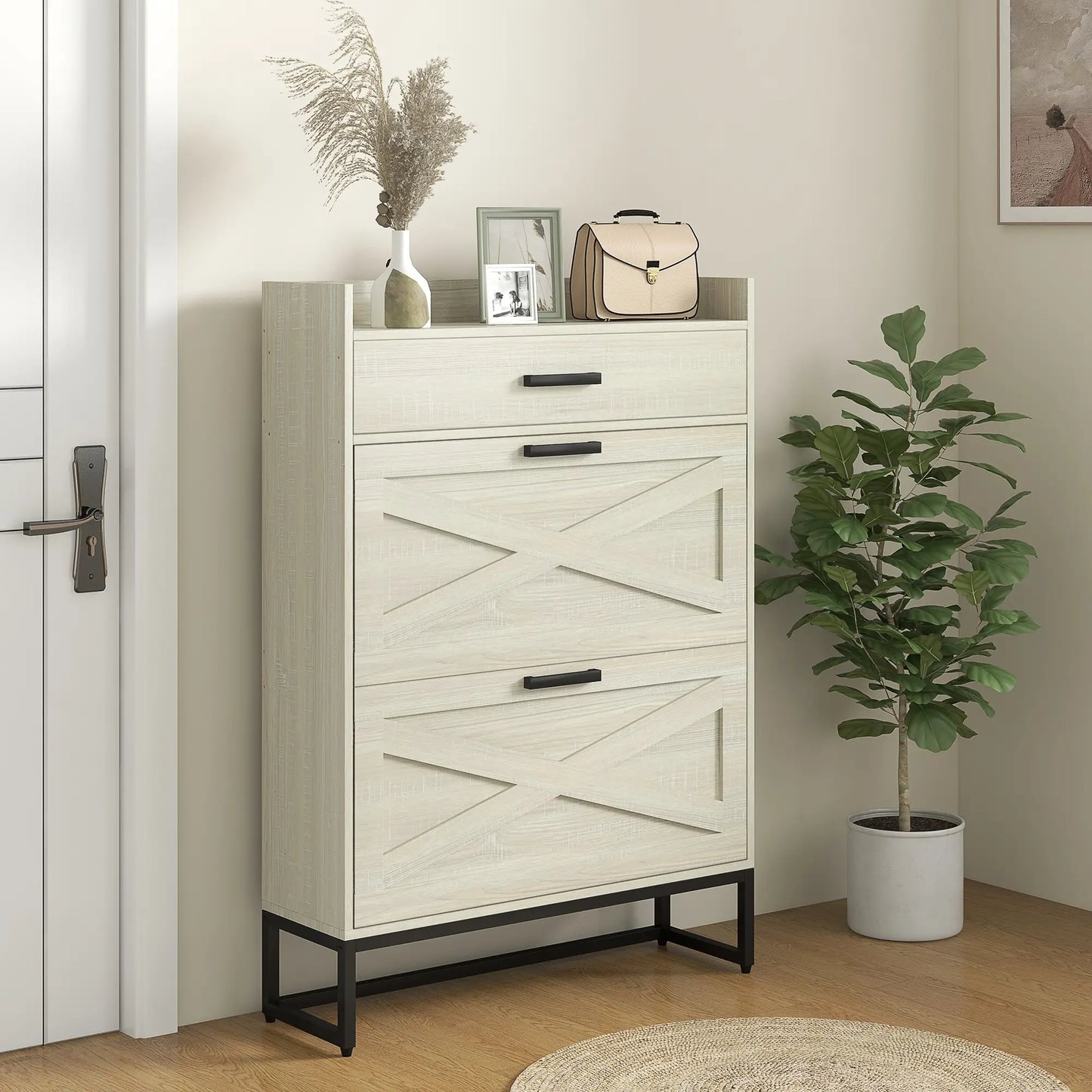 Slim Shoe Storage, 2 Flip Drawers, Adjustable Shelves, 12 Pair, Distressed, White Shoe Storage Cabinets & Racks at Gallery Canada