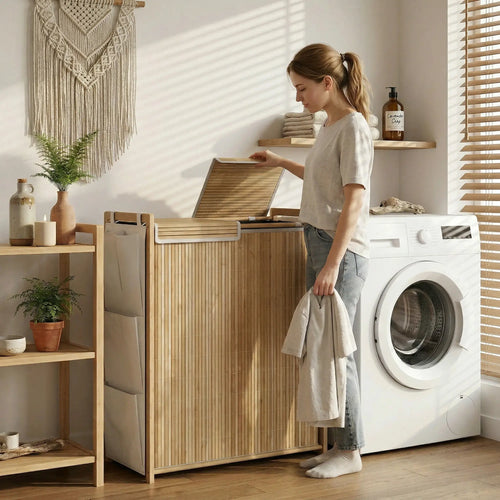 Bamboo Laundry Hamper with Removable Drawstring Bag and Side Storage Pockets, 32 Gal, Natural