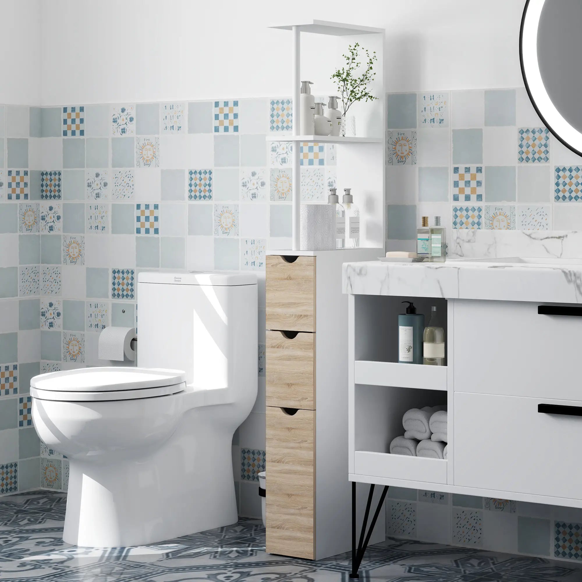 Tall Bathroom Storage Cabinet, Narrow Bathroom Cabinet with Drawers and Open Shelves for Small Spaces, Natural Wood Freestanding Bathroom Cabinets at Gallery Canada