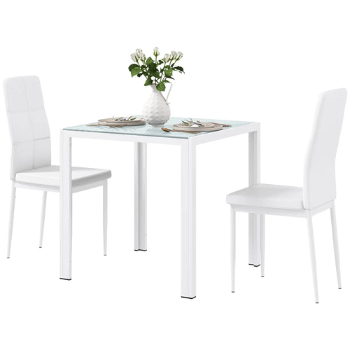 3-Piece Rectangular Glass Dining Table, Metal Frame, Faux Leather Chairs, White