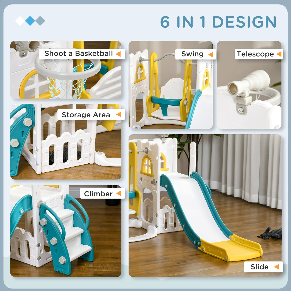 6-in-1 Baby Swing Playset, Indoor with Basketball Hoop, Climber, Yellow Gym Sets & Swings at Gallery Canada