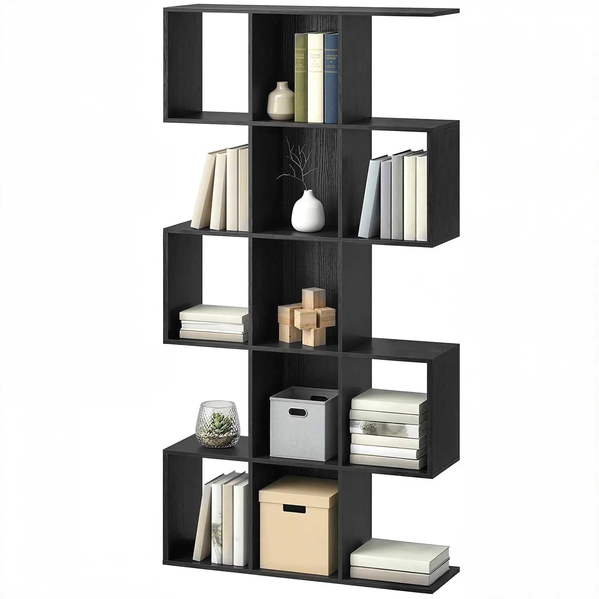 5-Tier S-Shaped Bookshelf, 15 Compartment Geometric Bookcase, Black Wood Grain, Black Display Bookshelves Black Wood Grain at Gallery Canada