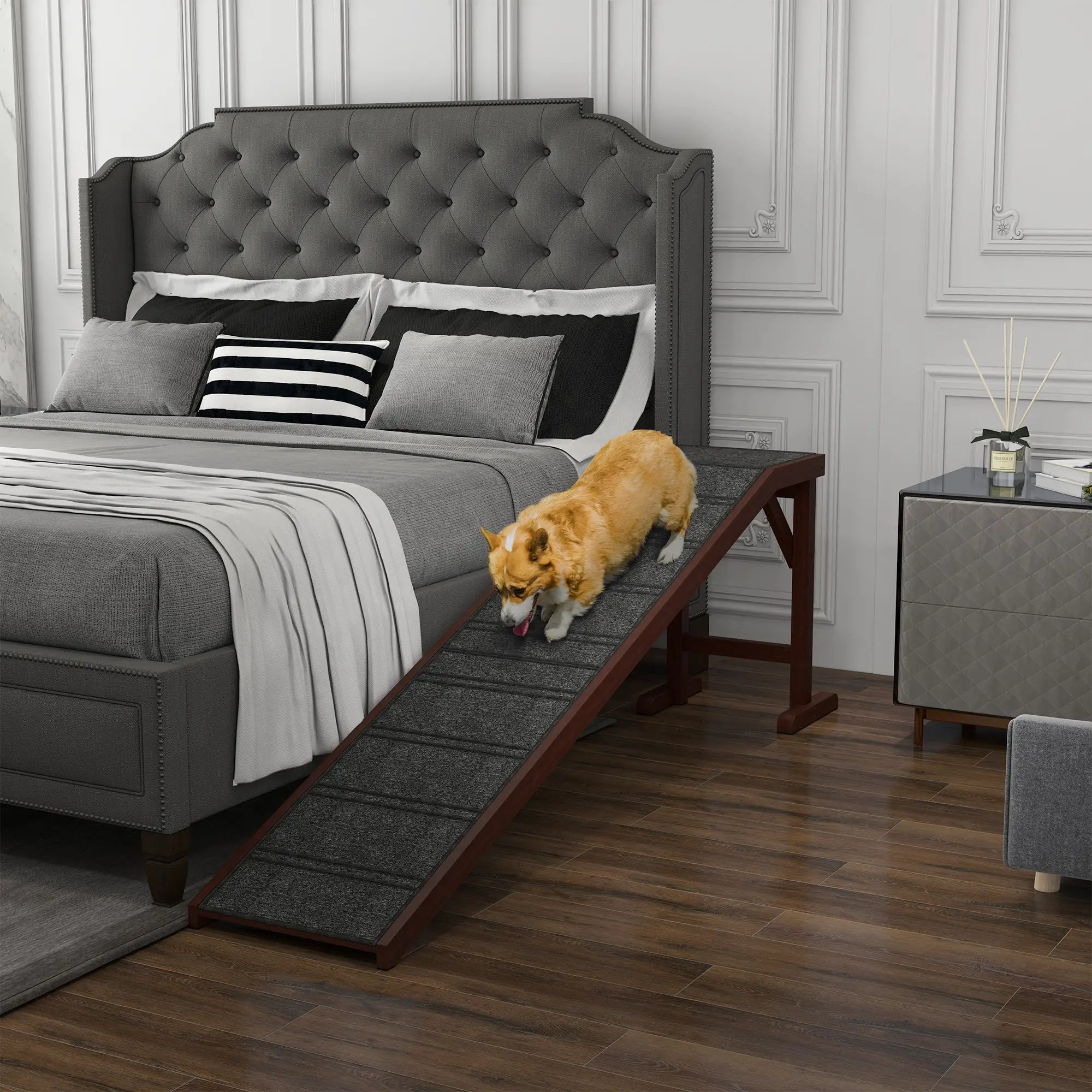 Pet Ramp Bed Steps, Non-Slip Carpet Top, Pine Wood, 74