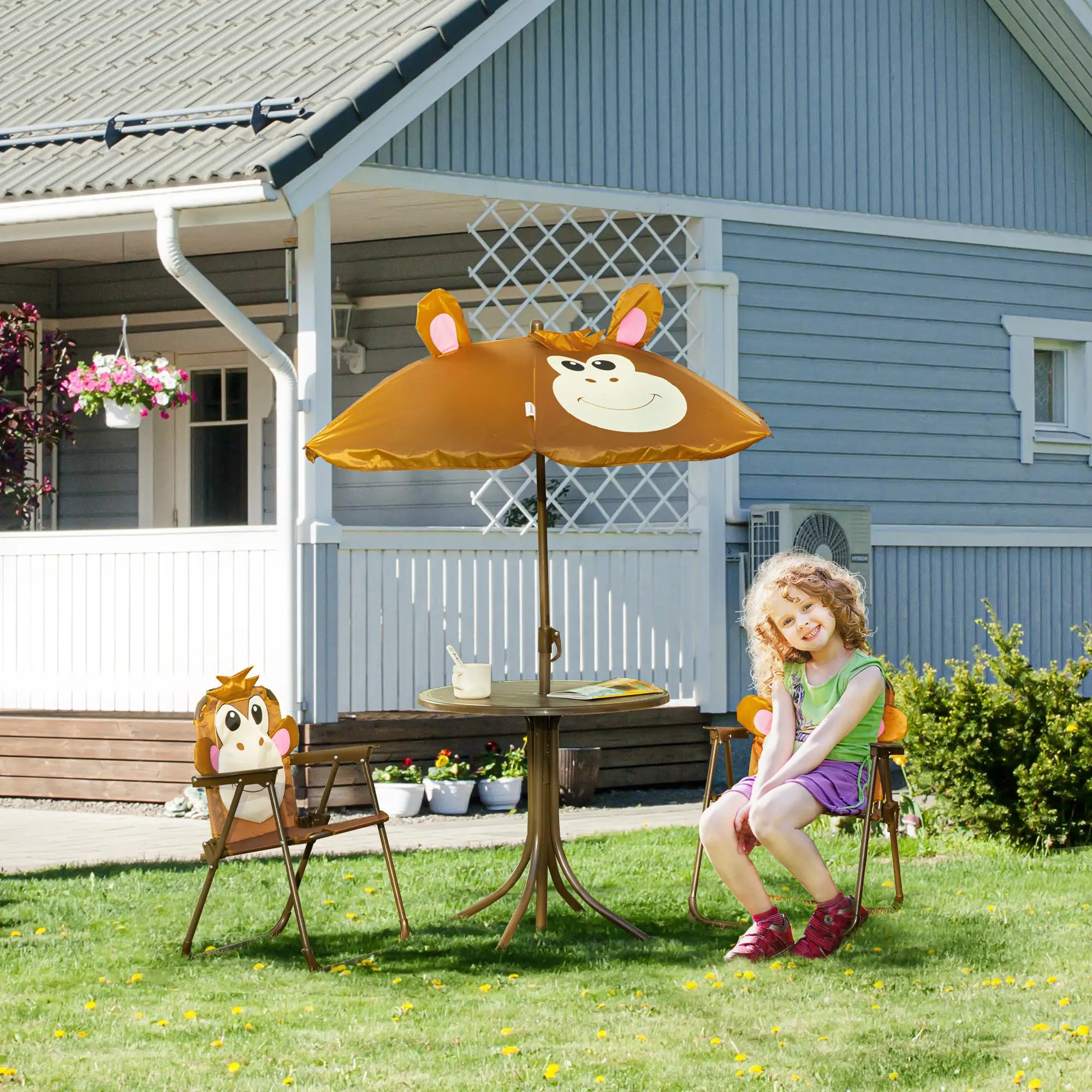 Kids Folding Picnic Table Chair Set with Adjustable Umbrella, Brown Kids Outdoor Furniture at Gallery Canada