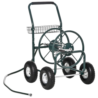 Portable Garden Hose Reel Cart With 4 Wheels, Storage Basket, Farm