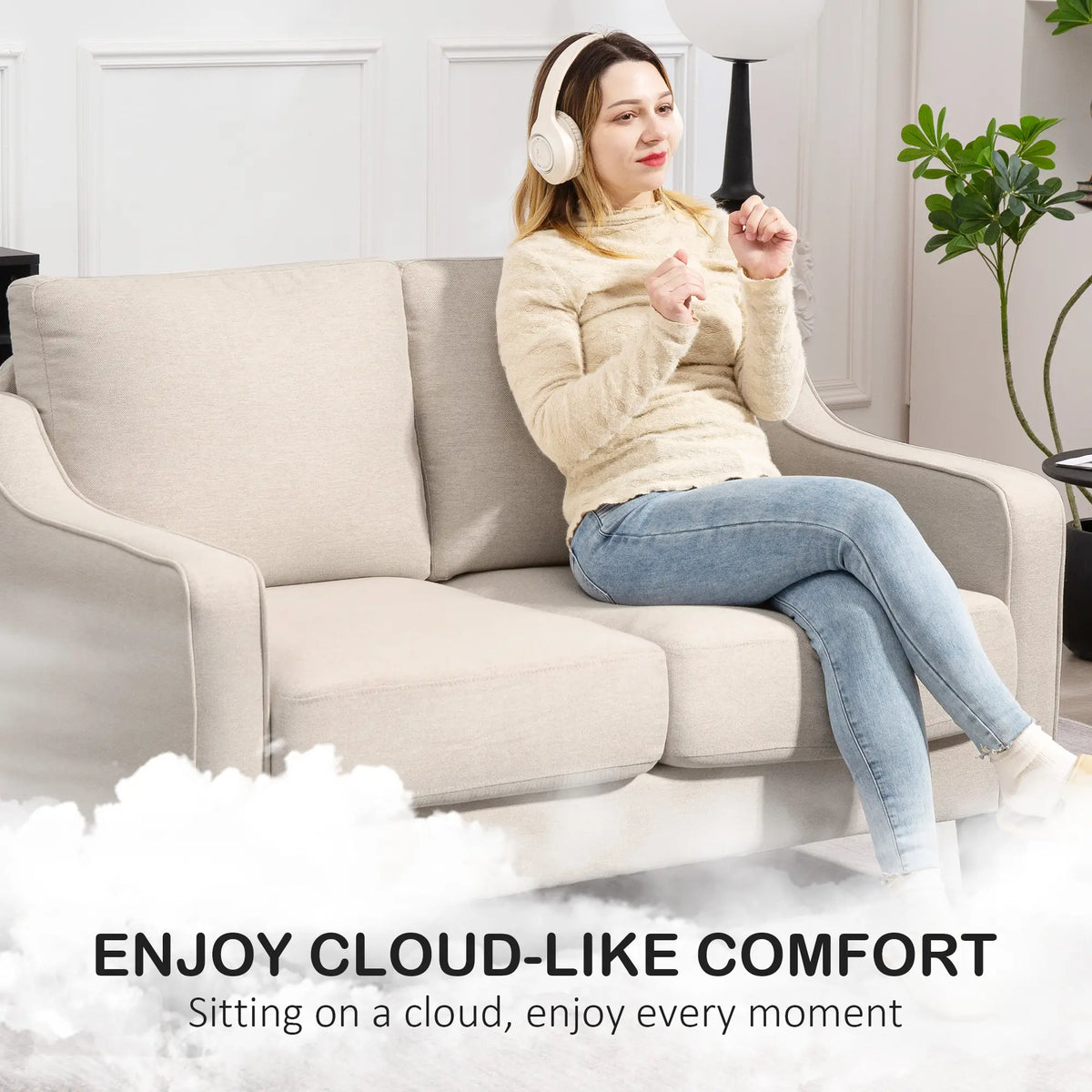 Modern Loveseat Sofa, Pocket Spring, Linen Upholstered, Beige 2-Seater Sofas at Gallery Canada