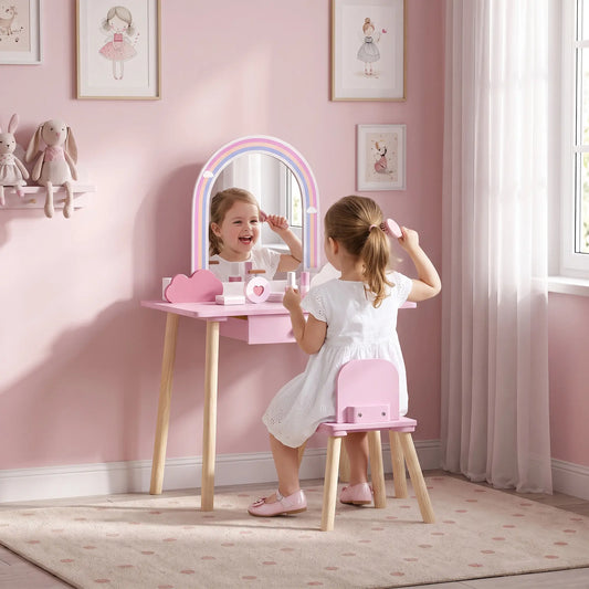 Kids Vanity Set, Makeup Table, Mirror, Stool, Drawer, 7-Piece, Pink Toy Vanity Pink at Gallery Canada