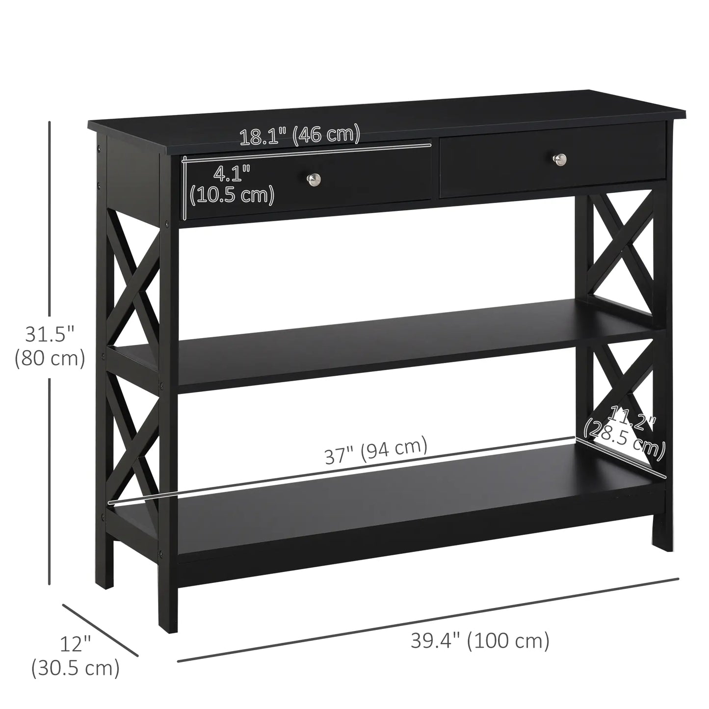 39" Narrow Console Table, Storage Shelves, Drawers, X Frame, Black Console Tables at Gallery Canada
