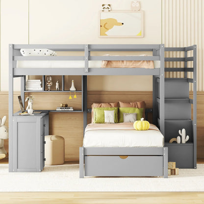 Over Twin Bunk Bed with Study Desk, Drawers, Shelves, 98" L x 80" W x 64.5" H, Grey Bed Frames at Gallery Canada