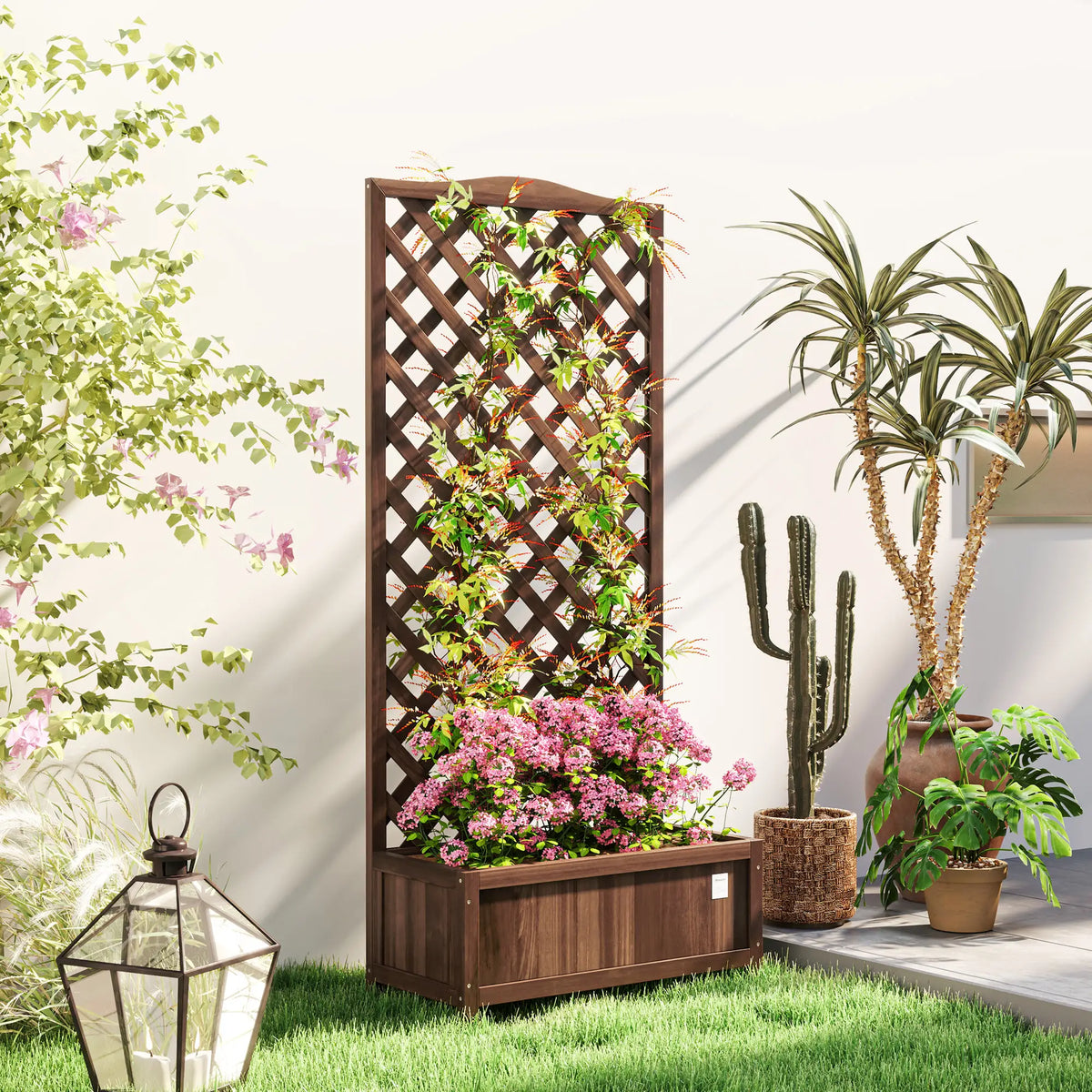 Wood Planter With Trellis, Raised Garden Bed, 30" x 14" x 67", Dark Brown Wooden Planter Boxes at Gallery Canada