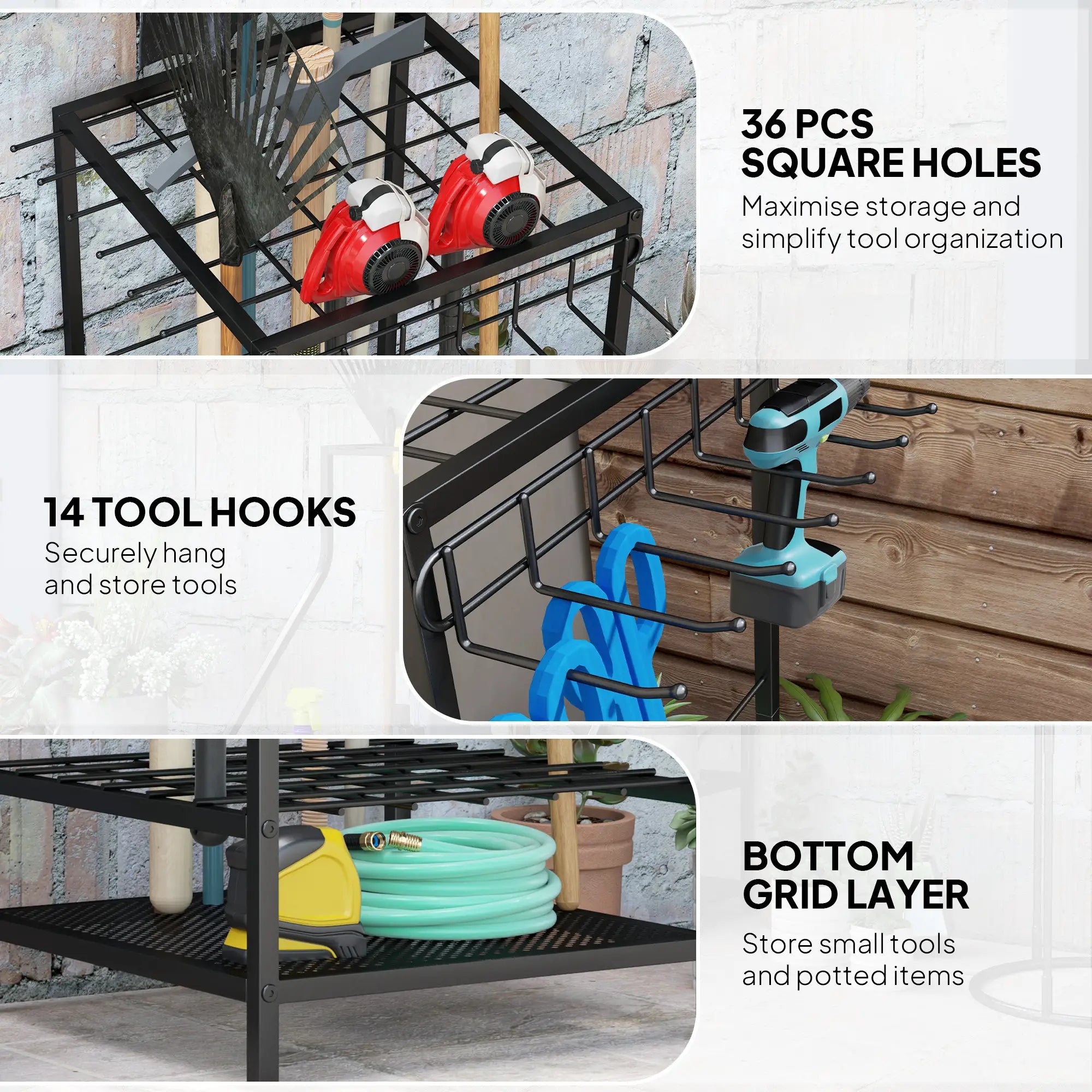 3-Tier Yard Tool Rack, Garden Organizer with 14 Hooks, Black Garden Accessories at Gallery Canada