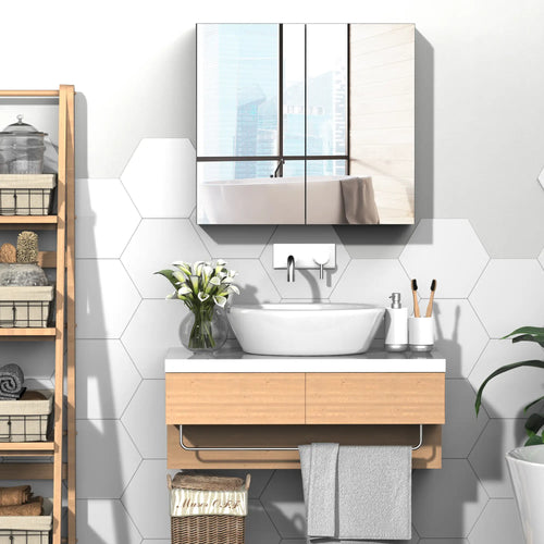 Wall Mounted Mirror Cabinet, Bathroom Medicine, 2 Doors, 3-Tier Shelving, White