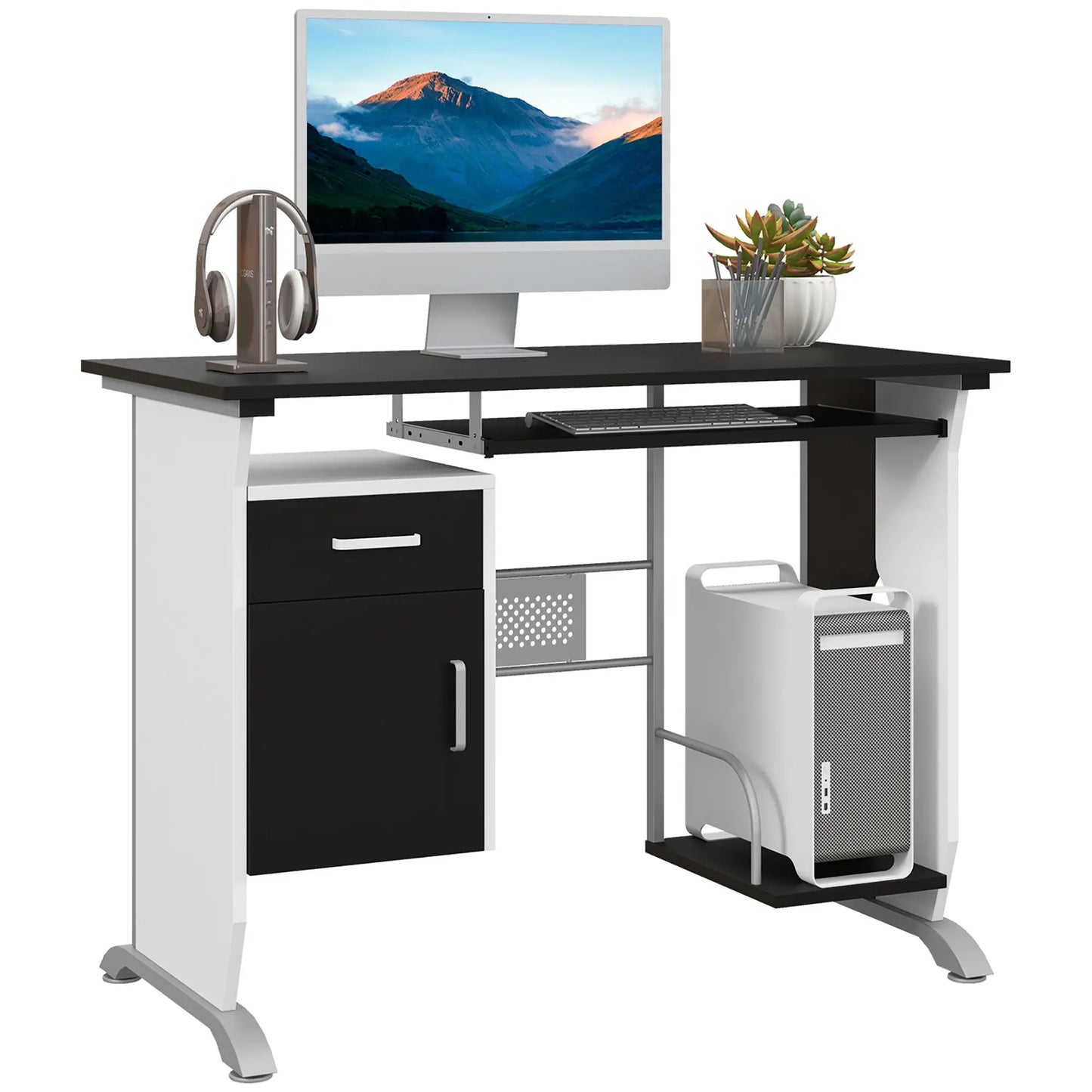 Computer Desk With Keyboard Tray, CPU Stand, Black and White Computer Desks Black and White at Gallery Canada