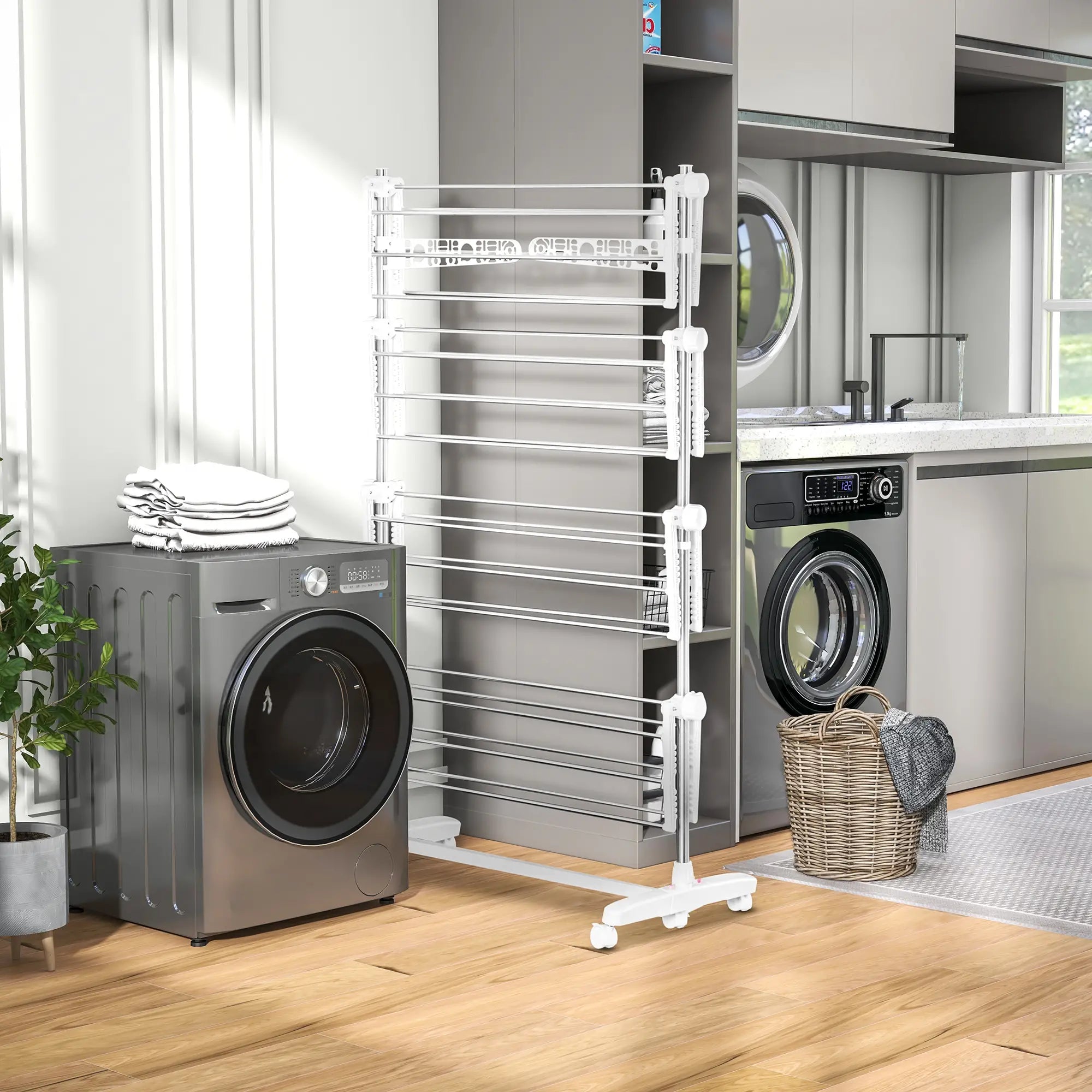 Stainless Steel Folding Clothes Drying Rack, Side Wings, Castors, Indoor Outdoor, White Bath Accessories at Gallery Canada