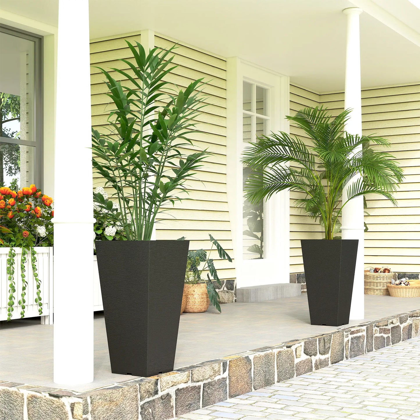 23" Tall Planters Set Of 2, Indoor Outdoor Stackable, Black Marble Finish, Black Planter Set at Gallery Canada