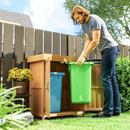 Wooden Garden Tool Shed, Hinged Roof, 2-Tier Shelves, Double Doors, 74x43x88cm, Natural Wood Sheds at Gallery Canada