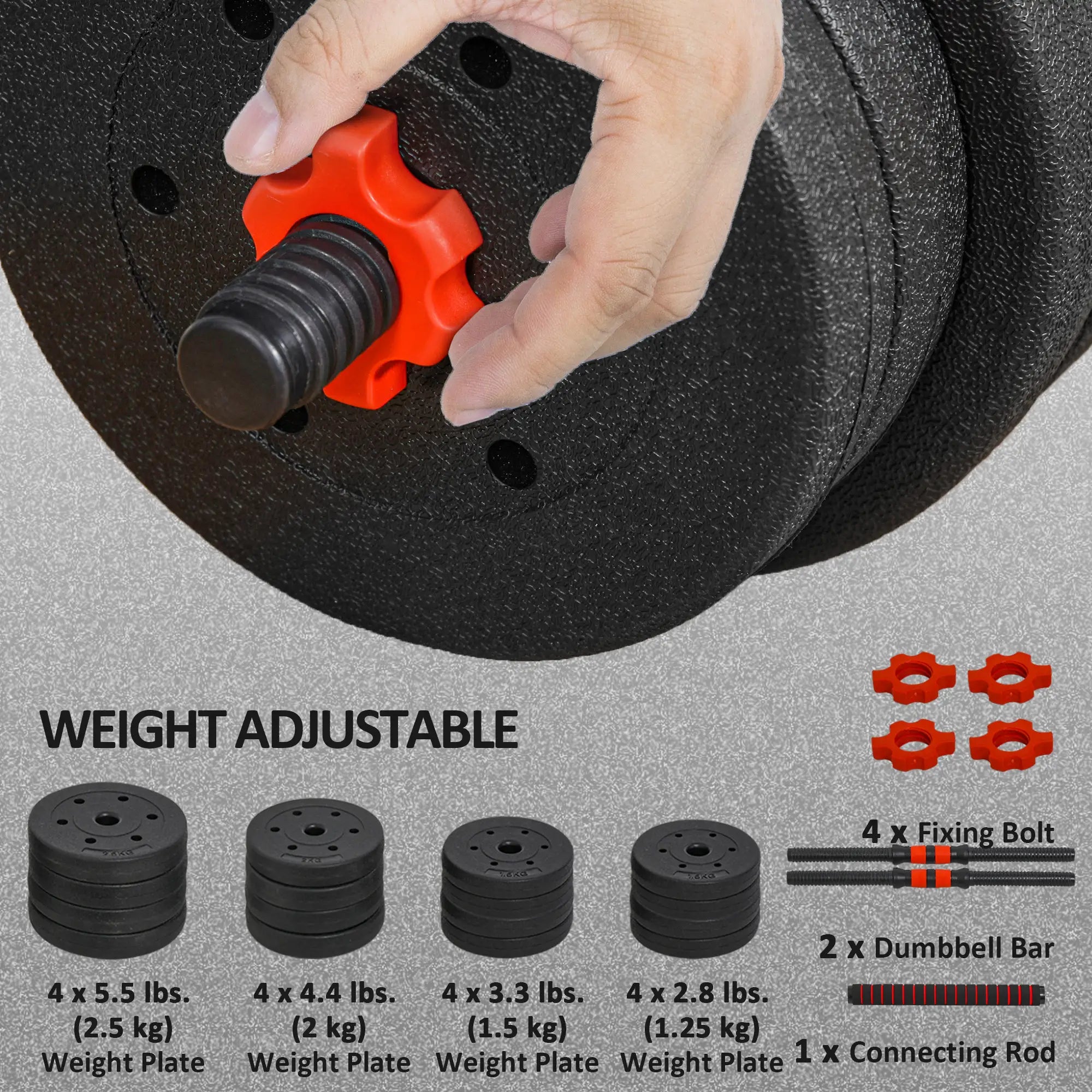 66lbs Adjustable Dumbbell Set, Hand Weights Barbell for Fitness, Black and Red Dumbbells & Barbells at Gallery Canada