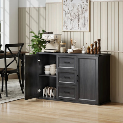 47" Sideboard With 3 Drawers, 2 Doors, Adjustable Shelves, Wood Grain, Black Storage Cabinets at Gallery Canada