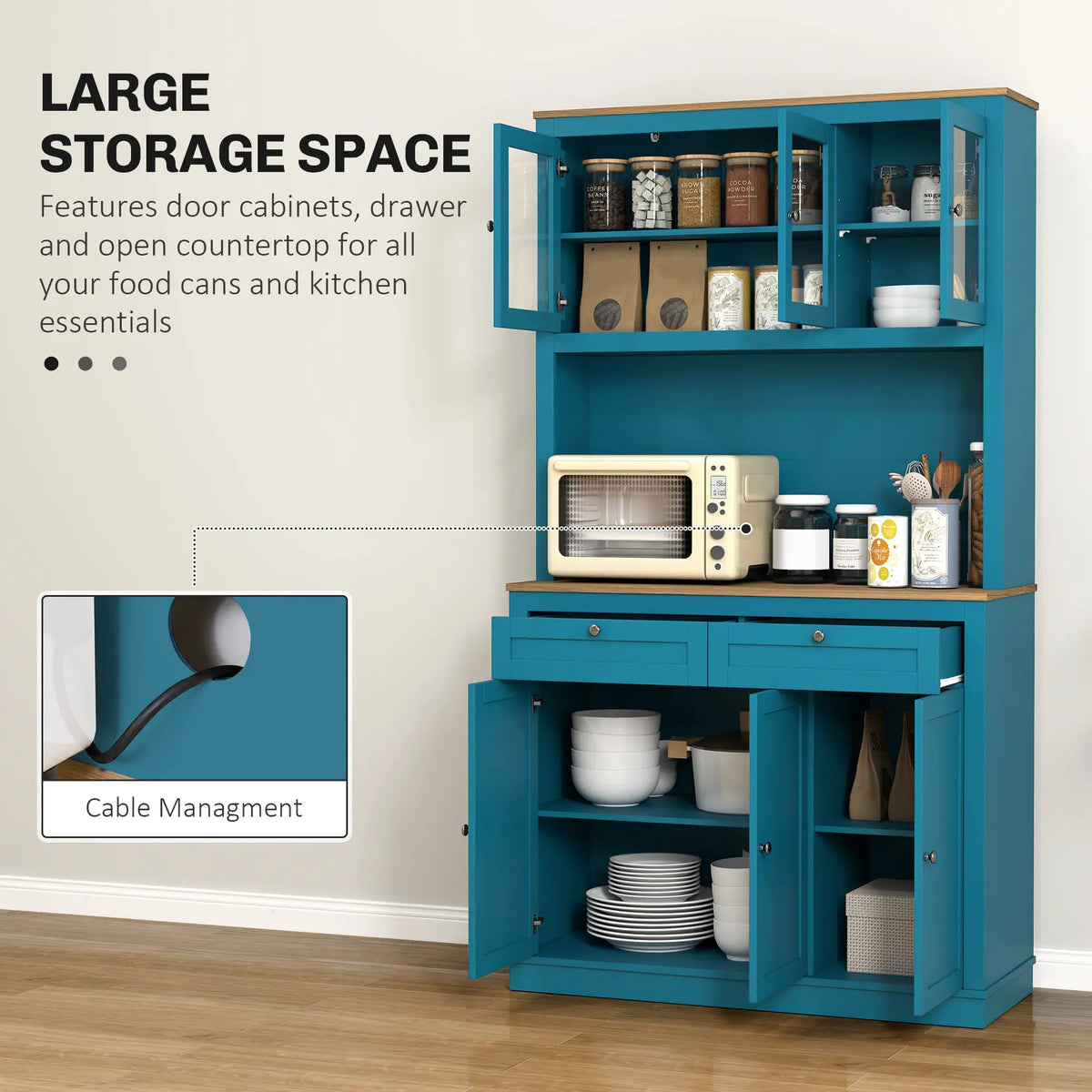 71" Pantry Cabinet with Microwave Space, Adjustable Shelves, Navy Blue Kitchen Pantry Cabinets at Gallery Canada