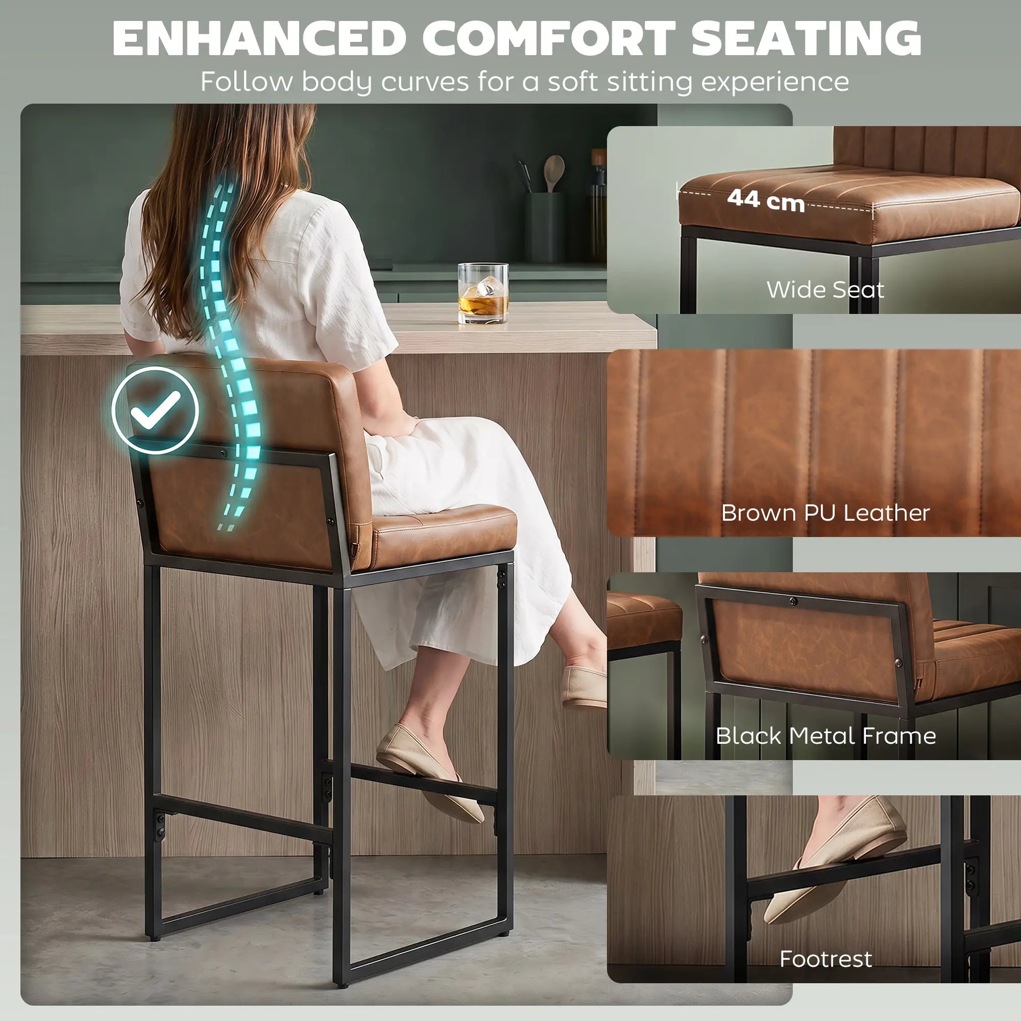Retro Padded Counter Height Bar Stools, Set of 2, Brown Bar Stools at Gallery Canada