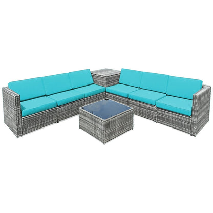 8 Piece Wicker Rattan Patio Dining Set, With Storage Table, Turquoise Outdoor Sectionals at Gallery Canada