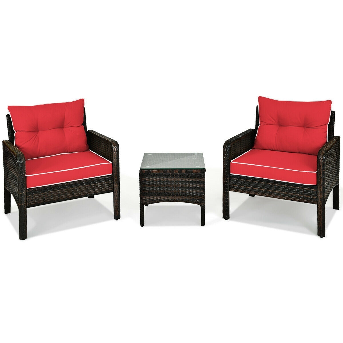 3 Pcs Outdoor Rattan Conversation Set, With Seat Cushions, Red Patio Conversation Sets at Gallery Canada