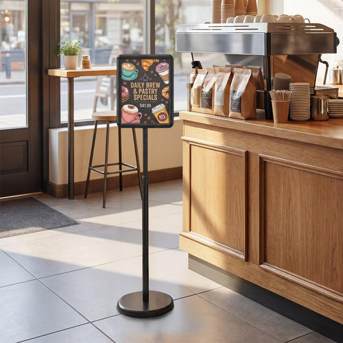 8.5x11Inch Sign Holder Stand, Snap-Open Frame, 360° Rotation, Black