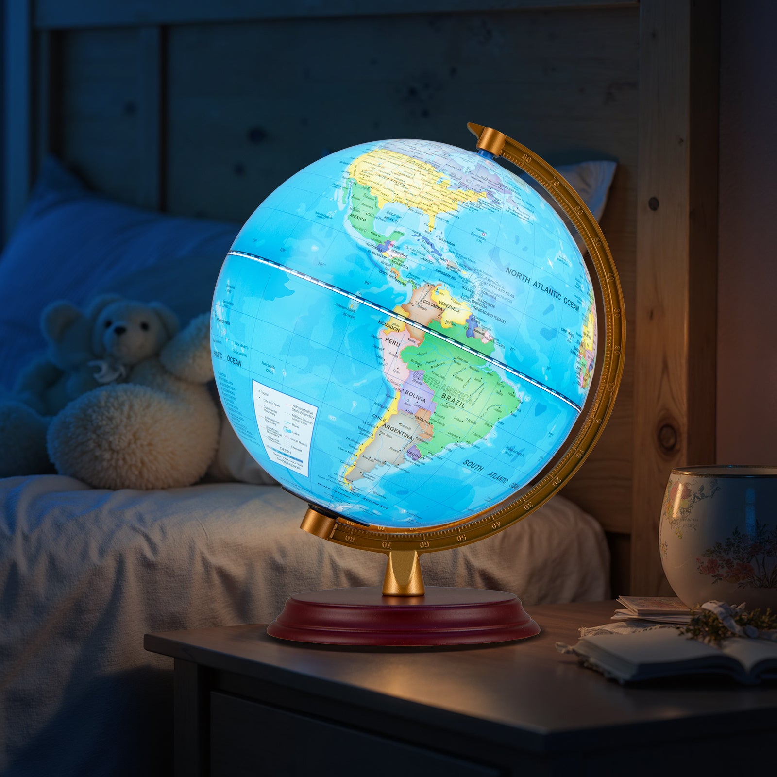 8 Inch Illuminated World Globe Night Light, Wooden Stand, HD Map, Blue Learning Toys at Gallery Canada