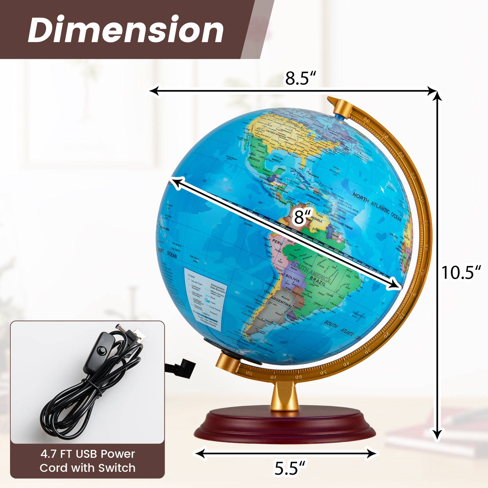 8 Inch Illuminated World Globe Night Light, Wooden Stand, HD Map, Blue Learning Toys at Gallery Canada