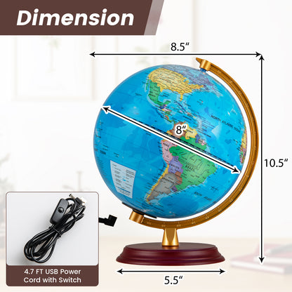 8 Inch Illuminated World Globe Night Light, Wooden Stand, HD Map, Blue Learning Toys at Gallery Canada
