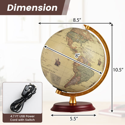 8 Inch Illuminated World Globe Night Light, Wooden Stand, HD Map, Bronze Learning Toys at Gallery Canada