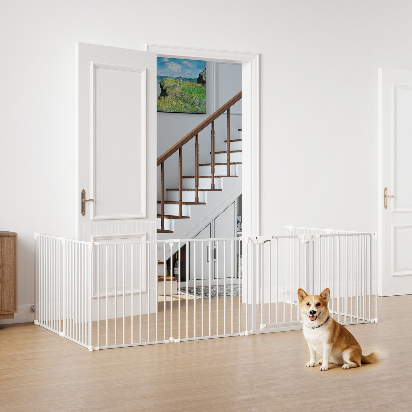 8-Panel Extra Wide Baby Gate Adjustable Pet Safety Fence with Auto-close Door, White Pet Gate at Gallery Canada