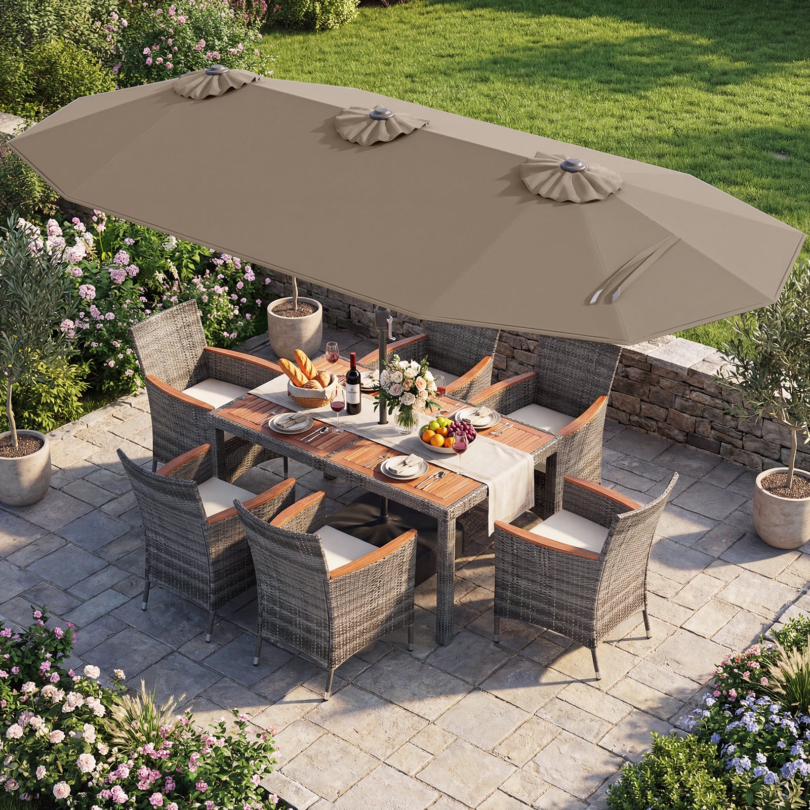 8-Piece Patio Dining Set, With Double-Sided Market Umbrella, Brown Patio Dining Sets at Gallery Canada