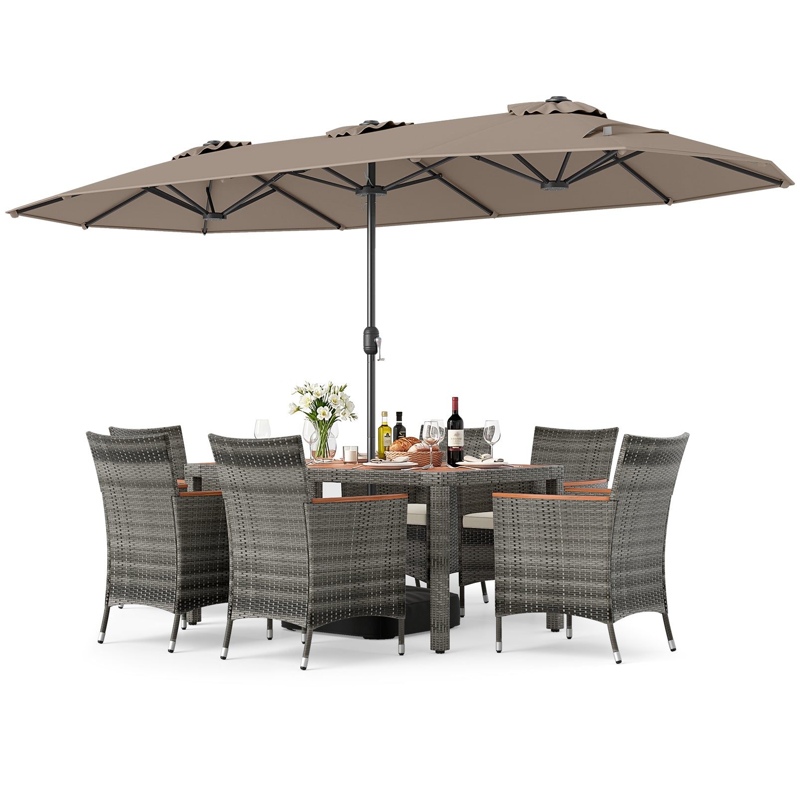 8-Piece Patio Dining Set, With Double-Sided Market Umbrella, Brown Patio Dining Sets Brown at Gallery Canada