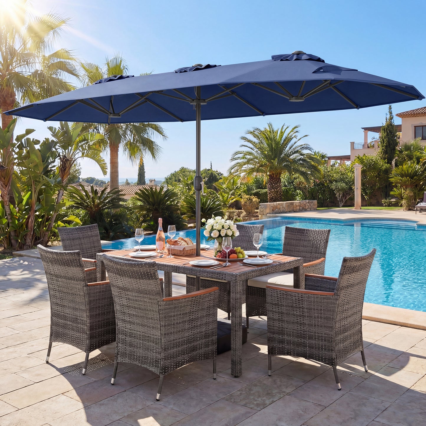 8-Piece Patio Dining Set, With Double-Sided Market Umbrella, Navy Patio Dining Sets at Gallery Canada
