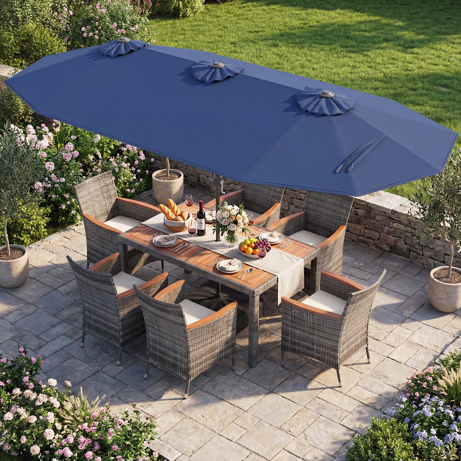 8-Piece Patio Dining Set, With Double-Sided Market Umbrella, Navy Patio Dining Sets at Gallery Canada