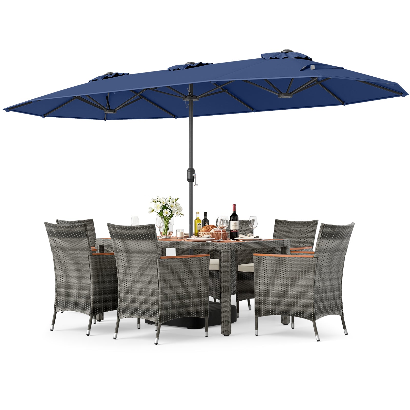 8-Piece Patio Dining Set, With Double-Sided Market Umbrella, Navy Patio Dining Sets at Gallery Canada
