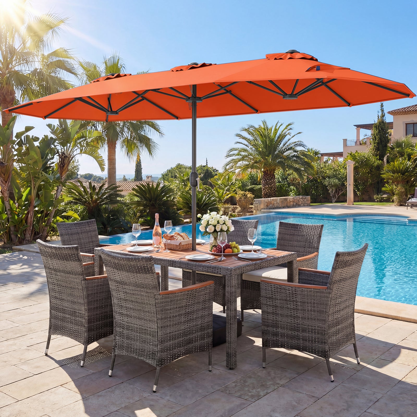 8-Piece Patio Dining Set, With Double-Sided Market Umbrella, Orange Patio Dining Sets at Gallery Canada