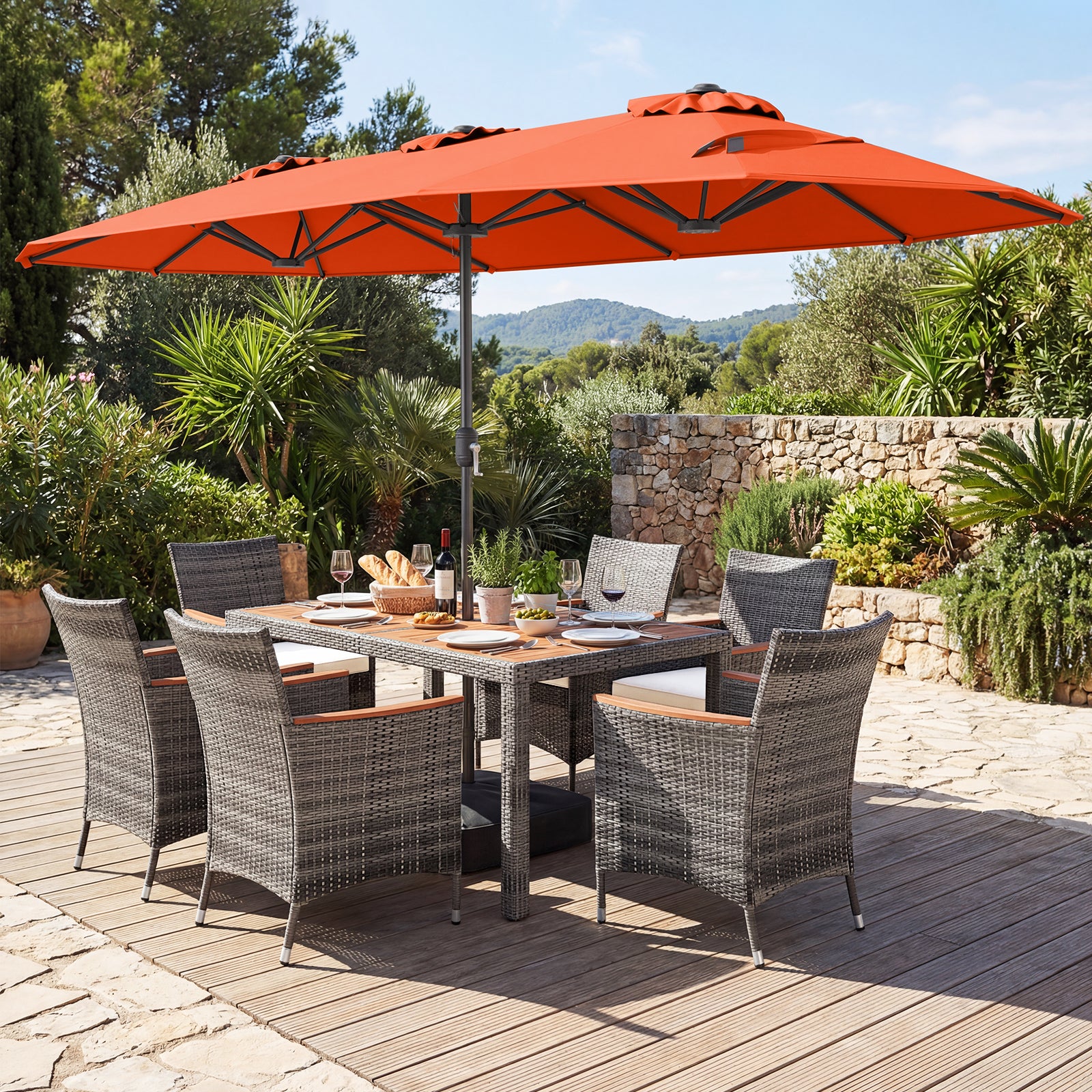 8-Piece Patio Dining Set, With Double-Sided Market Umbrella, Orange Patio Dining Sets at Gallery Canada