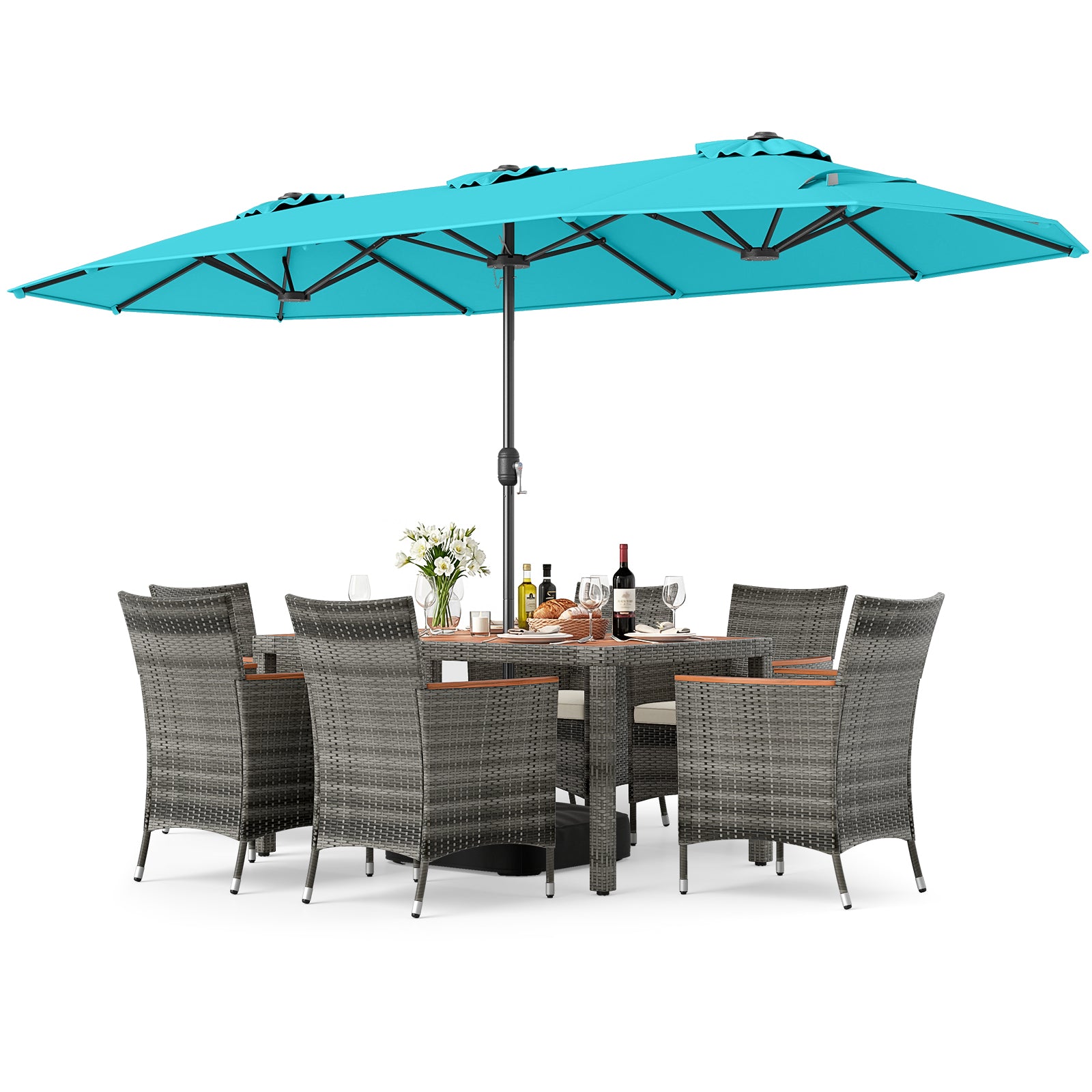 8-Piece Patio Dining Set, Double-Sided Market Umbrella, Turquoise Patio Dining Sets at Gallery Canada