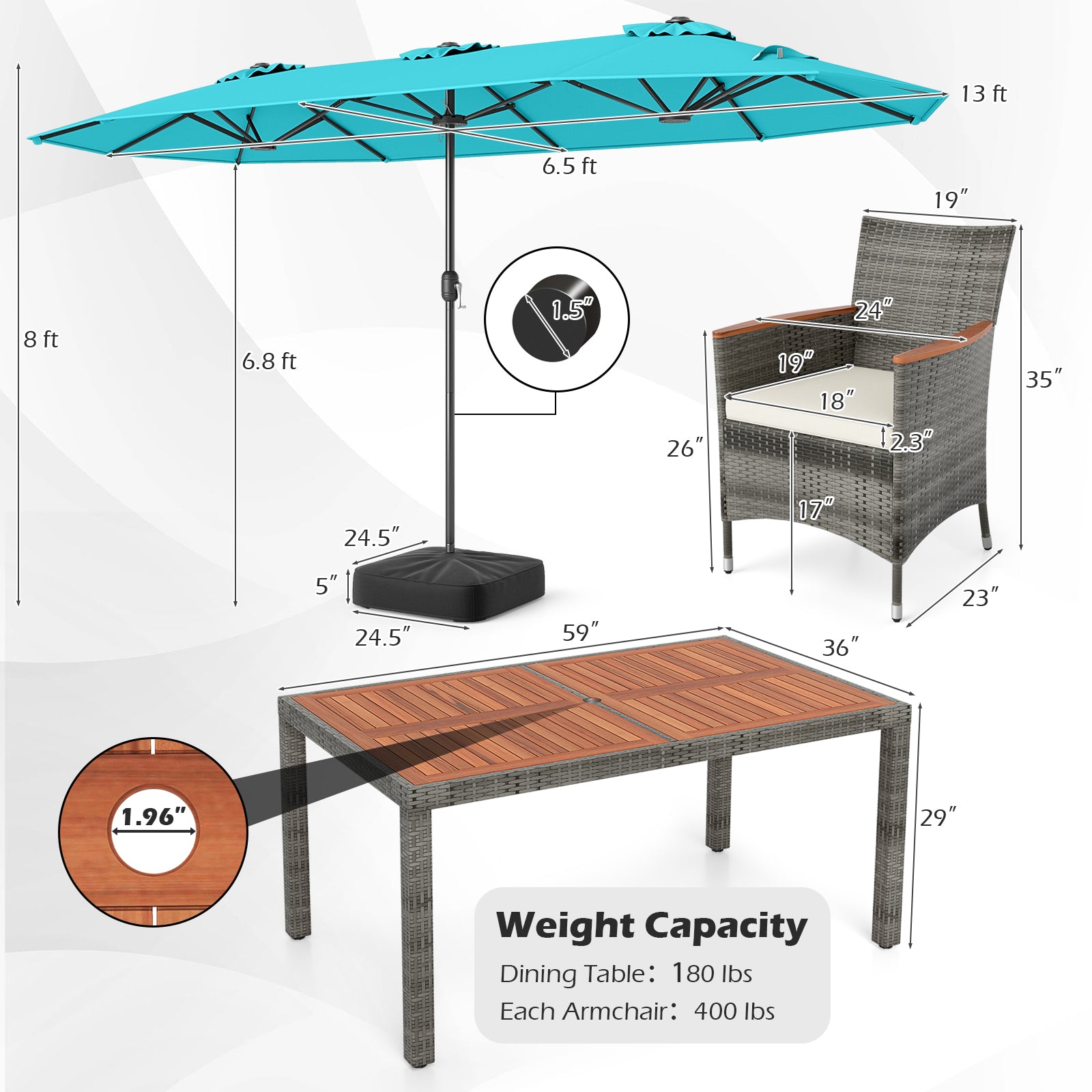 8-Piece Patio Dining Set, Double-Sided Market Umbrella, Turquoise Patio Dining Sets at Gallery Canada