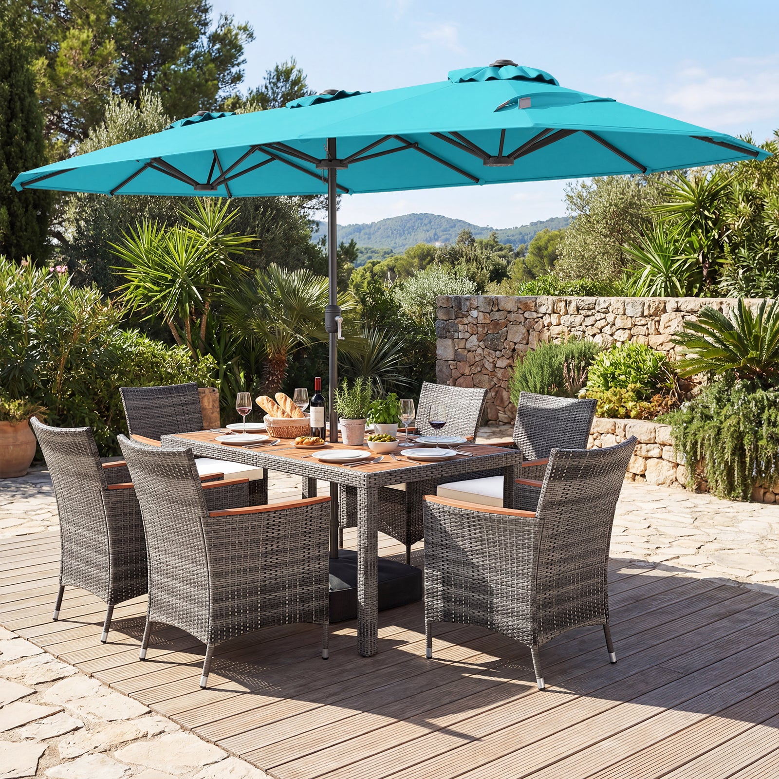 8-Piece Patio Dining Set, Double-Sided Market Umbrella, Turquoise Patio Dining Sets at Gallery Canada