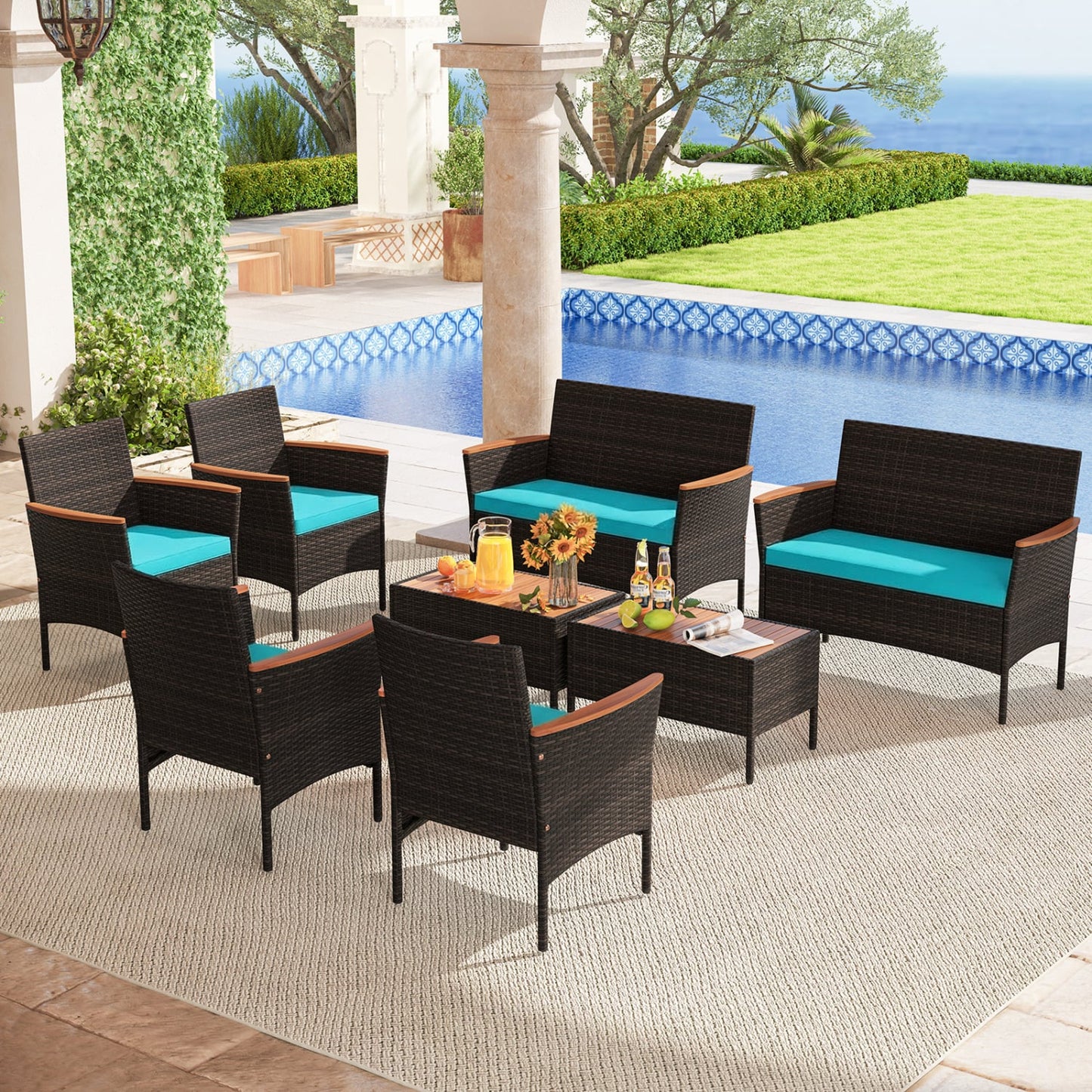 8-Pc Patio Wicker Sofa Set with Chairs, Loveseats & Table, Turquoise Patio Conversation Sets at Gallery Canada