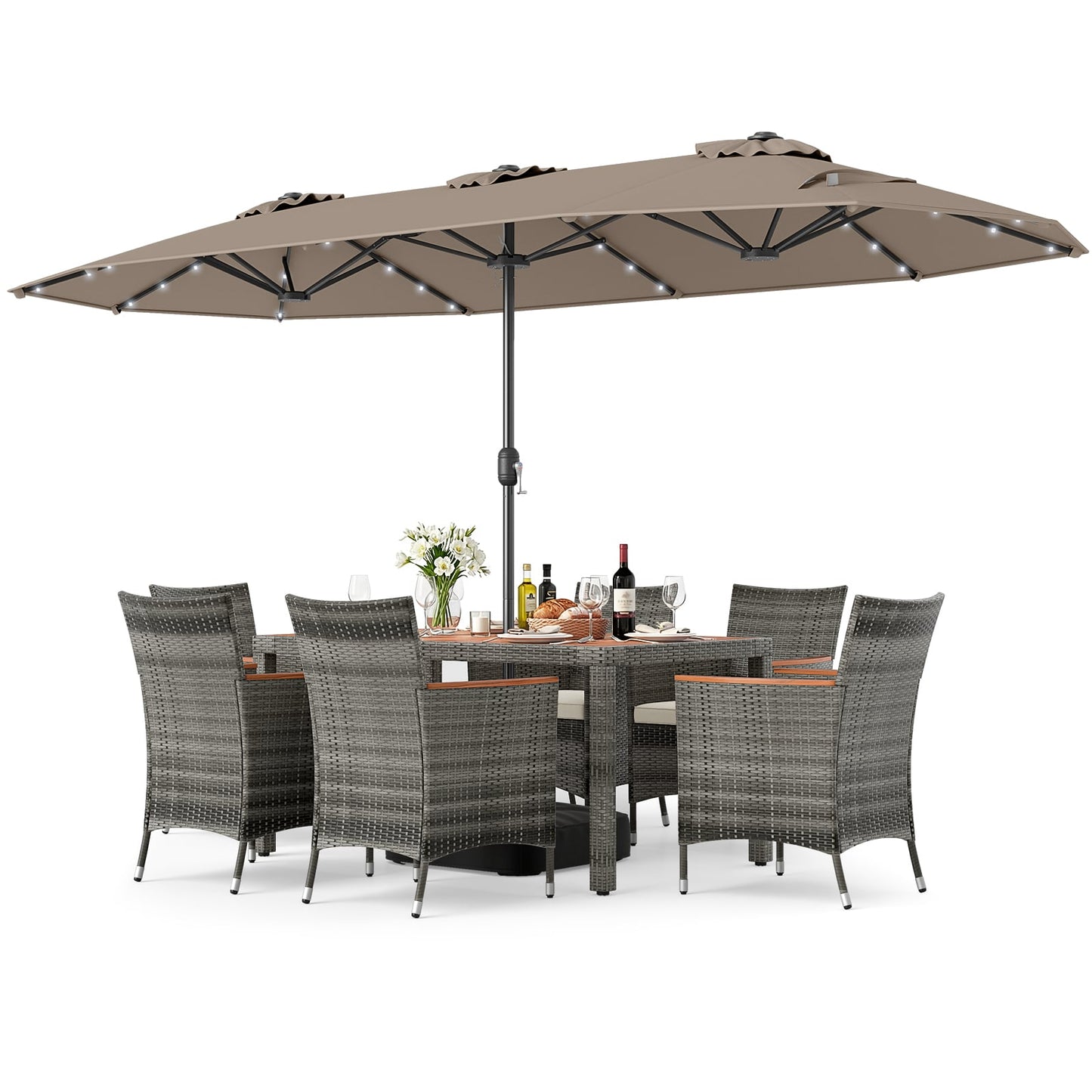 8 Piece Outdoor Wicker Dining Set, 13.5 FT Double Sided Patio Umbrella, Brown Patio Furniture Sets at Gallery Canada