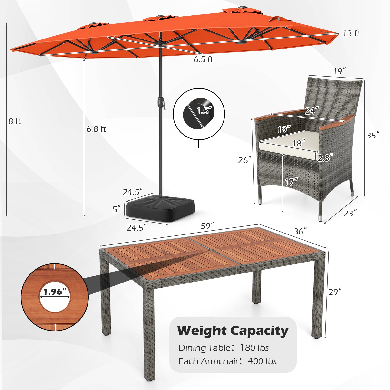 8 Piece Outdoor Wicker Dining Set, 13.5 FT Double-Sided Patio Umbrella, Orange Patio Furniture Sets at Gallery Canada